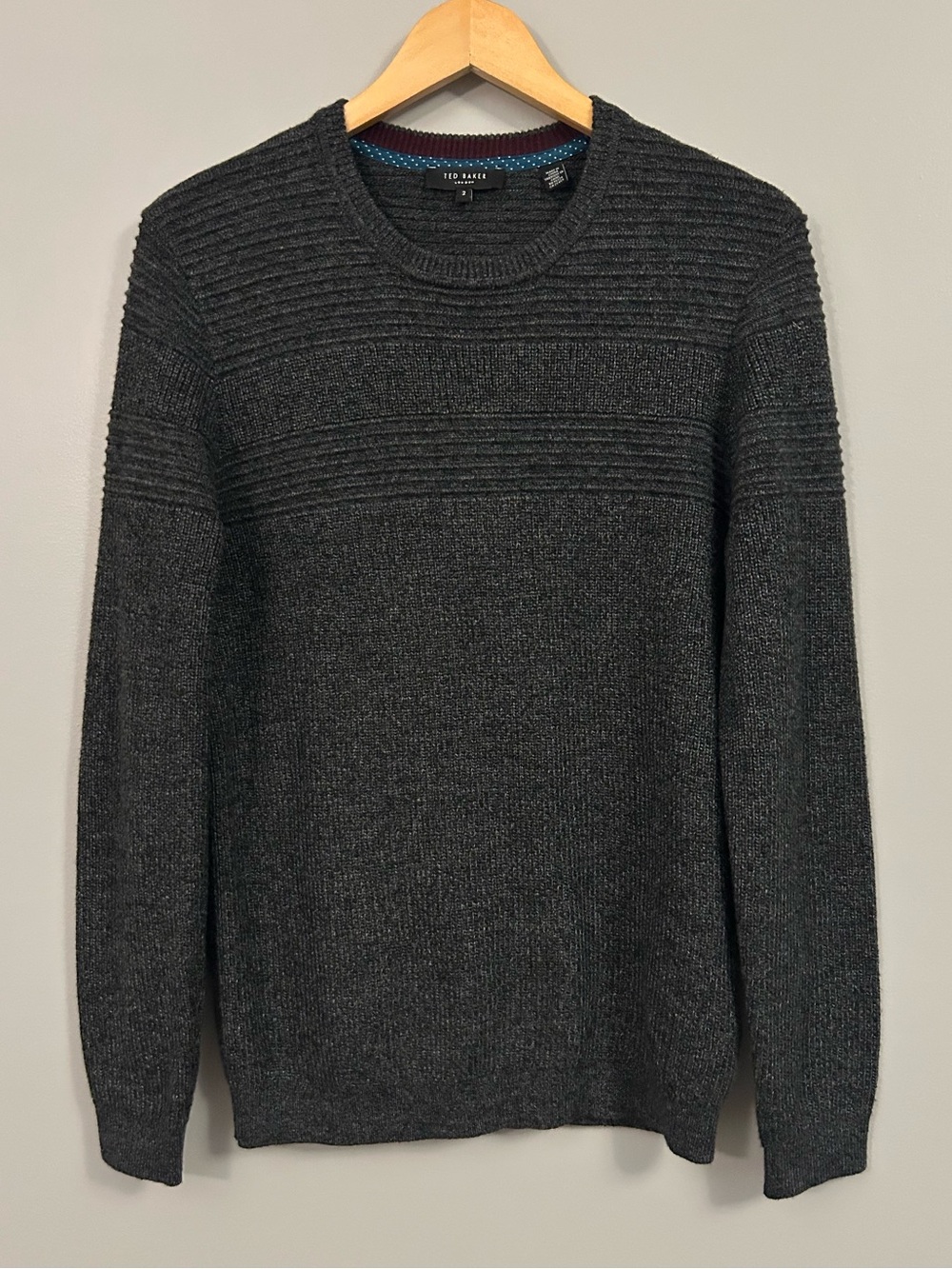 Ted Baker Men's Charcoal Ribbed Crewneck Sweater Small